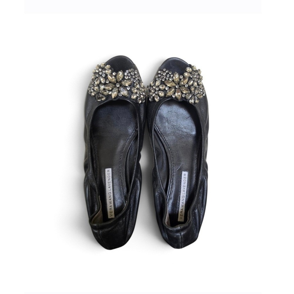Vera Wang Luna Calf Leather Rhinestone Chunky Broche PeepToe Ballet Flat sz 7.5
